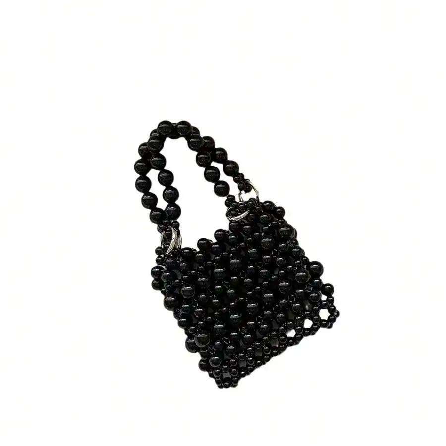 Elegant Black Beaded Mini Crossbody Bag With Silver Hardware, Lightweight Woven Design For Casual Evening Wear And Daily Use