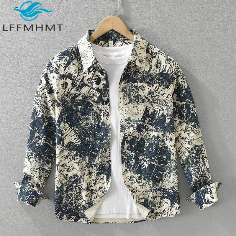 7388 Japan Trendy Printing Long Sleeve Shirt For Men Autumn Fashion All Match Streetwear Art Loose Casual Retro Blouse Tops Male