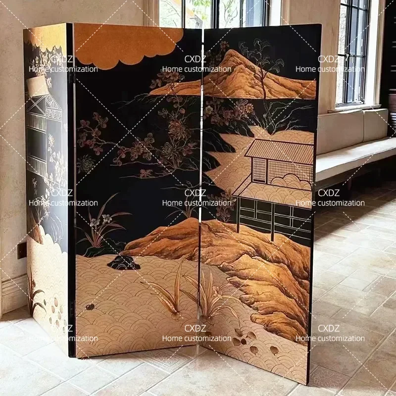 Retro Black Gold Foil Folding Screen Room Divider for Living Room Bedroom Dining Room Entrance Partition Background Blocking