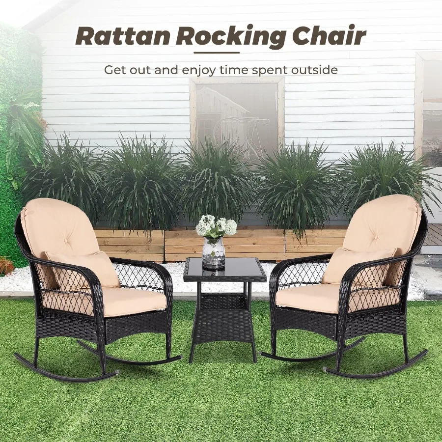 3 pçs ao ar livre cadeira de balanço de vime conjuntos de móveis pátio rattan cadeiras de balanço com 2 cadeiras de rattan almofadas mesa lateral superior de vidro