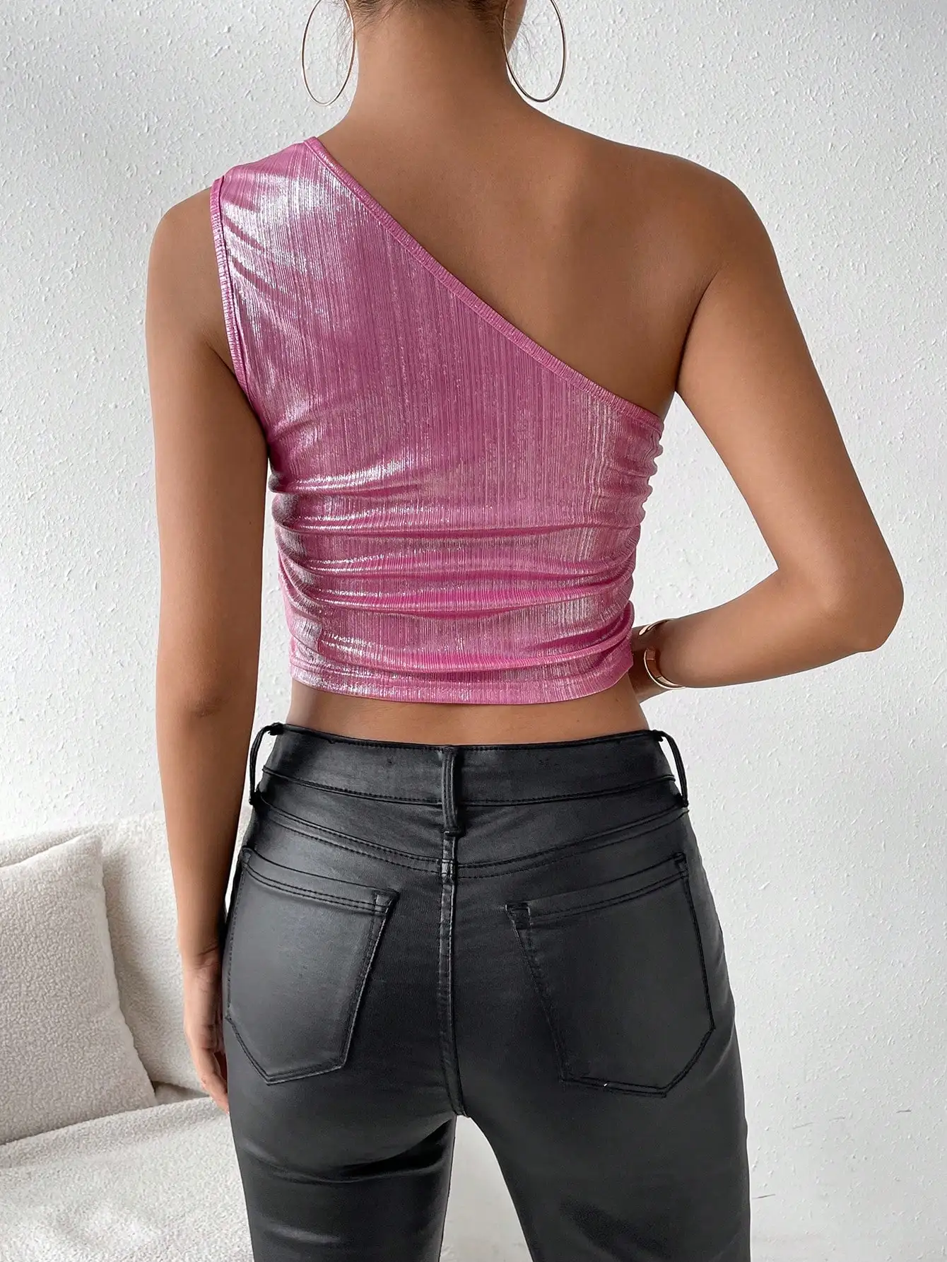 Womens Pink Metallic One Shoulder Sleeveless Top Shiny Pleated Ruched Asymmetric Hem Y2K Club Party Night Out Crop Blouse