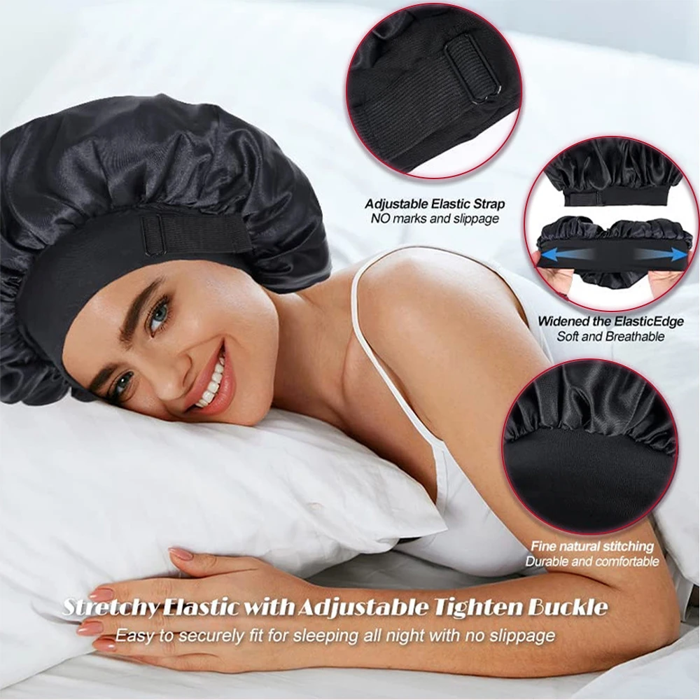 1 قطعة طبقات مزدوجة الساتان بونيه عكسها الحرير بونيه للنساء قابل للتعديل الساتان بونيه للشعر المجعد النوم غطاء العناية بالشعر