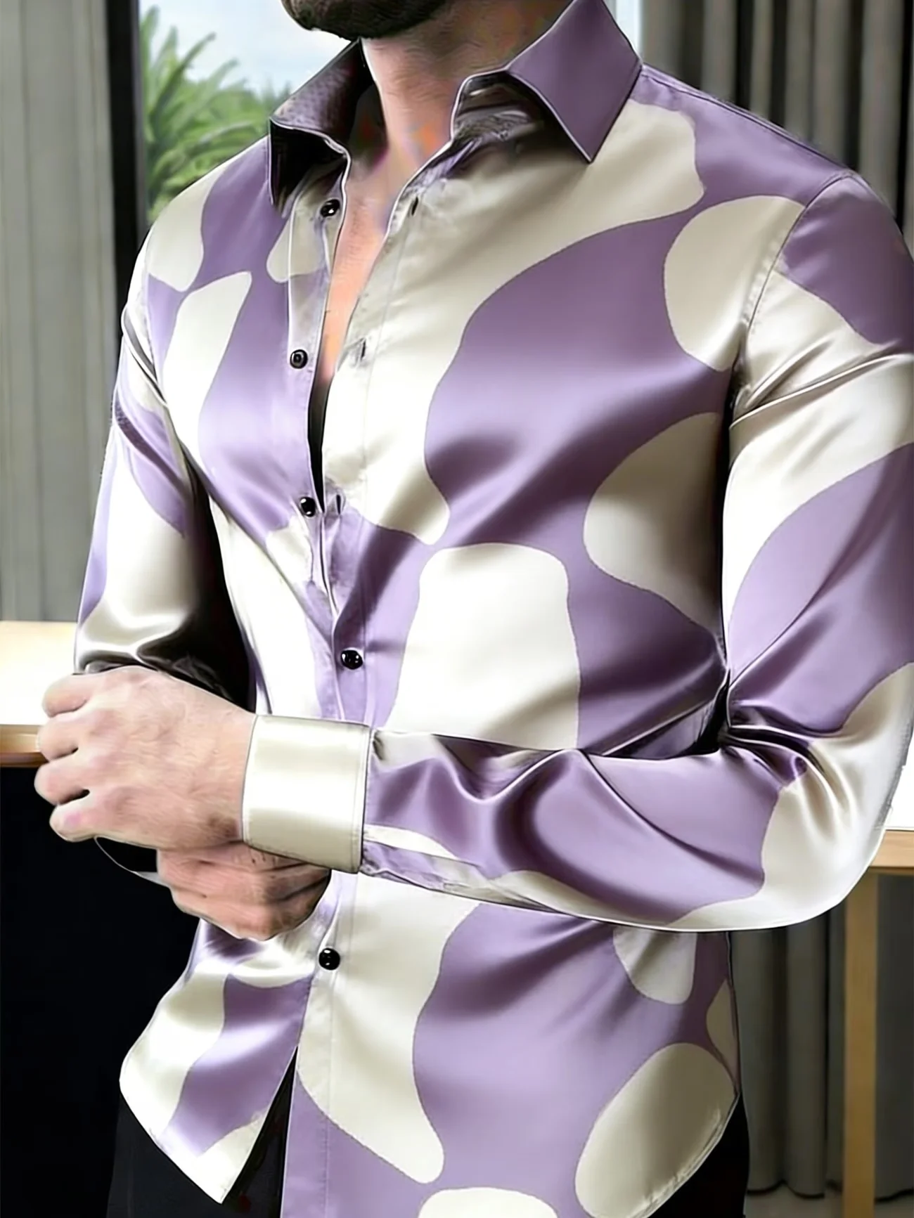 New Gilded Water Diamond Iris Baroque Printed Long Sleeve Shirt with Smooth Drop and Satin Collar for Men