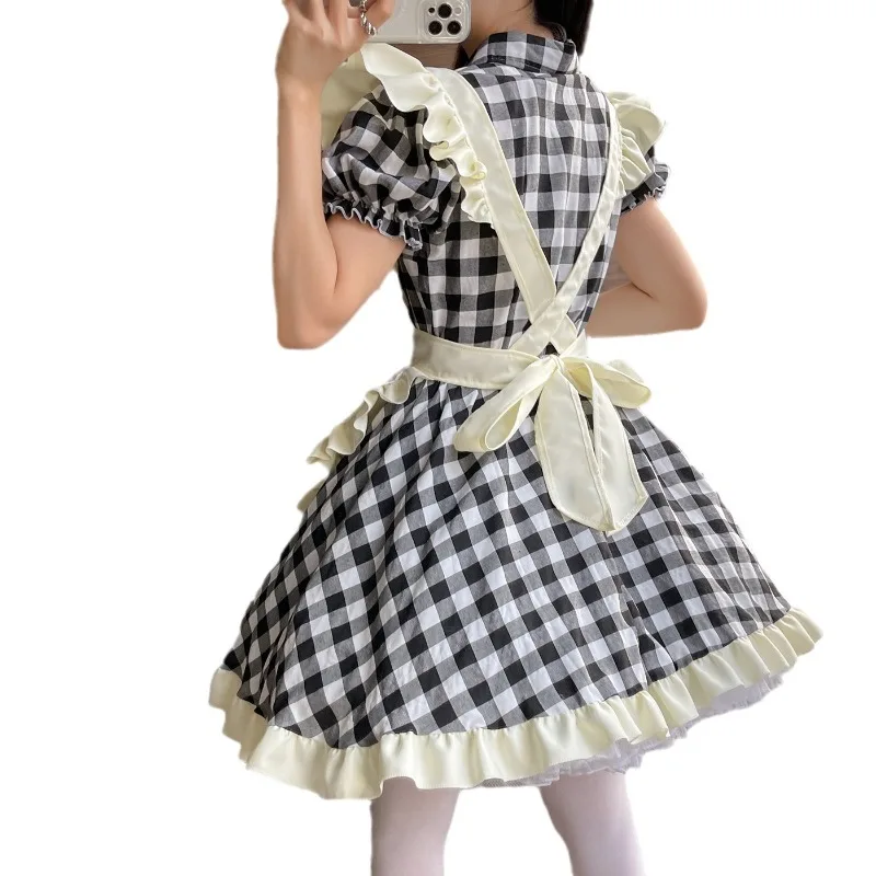 

S-5XL Japanese Sweet Lolita Plaids Housekeeper Maidservant Restaurant Apron Maid Dress Uniform Outfits Anime Cosplay Costumes