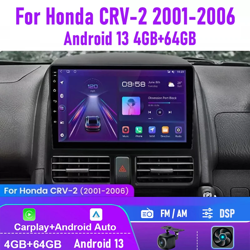 

9" 4-64GB For Honda CRV-2 2001-2006 Wireless Apple CarPlay Android 13 Car Radio FM AM BT Head Unit