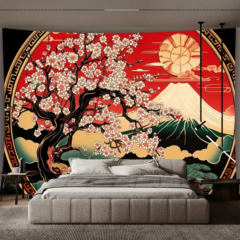 VIKAMA Mount Fuji Cherry Blossom Tapestry, Suitable For Hanging On The Walls Of Living Room And Bedroom, For Home Decoration.