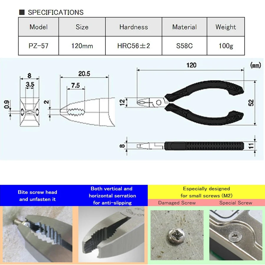 ENGINEER M2 Screw Removal Pliers Extracts Stripped, Broken, Rusted Screws For Diameter 2-3.5 mm Anti-Static PZ-57