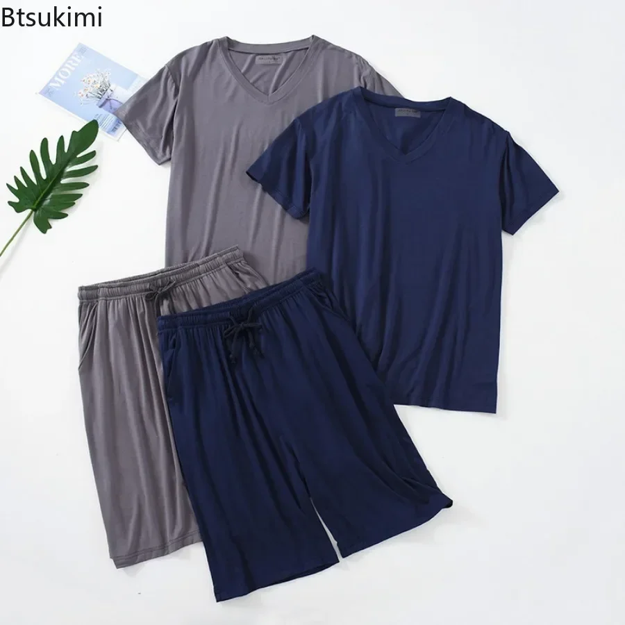 Set piyama kerah V untuk pria, setelan baju tidur Modal musim panas 2025, kerah V, pullover lengan pendek dan celana pendek, pakaian rumah lembut longgar, set pakaian tidur tipis untuk pria