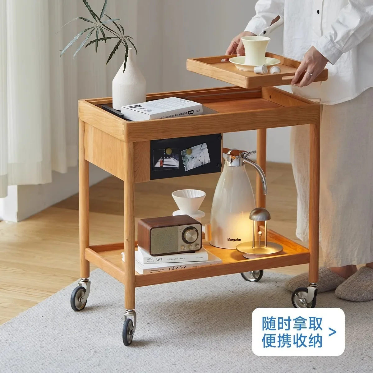 Nordic Solid Wood Coffee Table Small Apartment Japanese Edge Few Movable Trolley Cherry Sofa Side