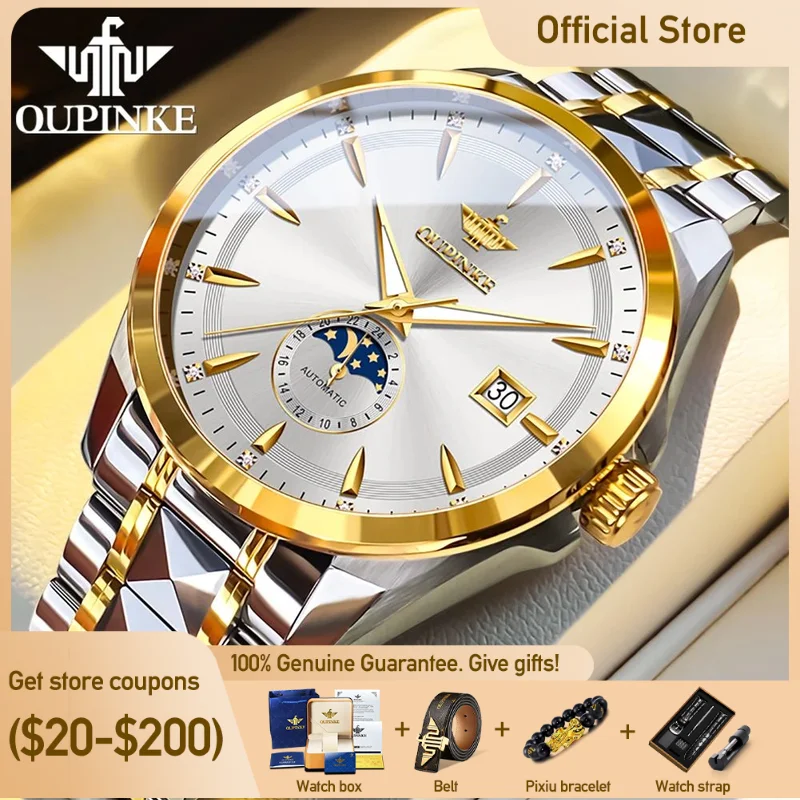 OUPINKE 3292 Mens Watch Luxury Brand Sapphire Mechanical Watch For Men Tungsten Steel Moon Phase Watch Automatic Date Mens Gifts