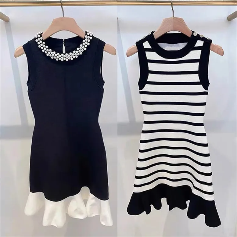 

High-End Version Color Blo Striped Off-oulder Svel Fi Tail ort Dr for Women Ele Gathered Skirt