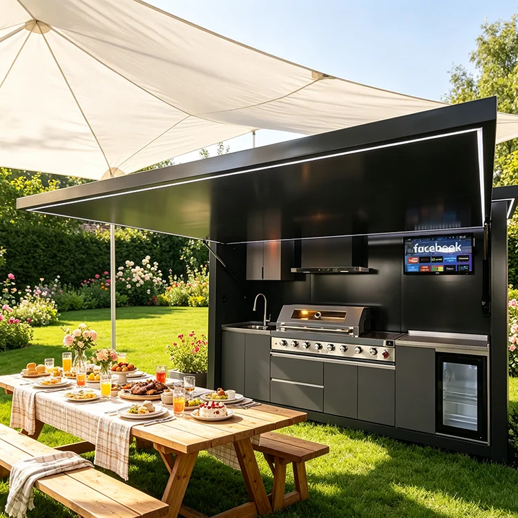 Rustproof 304 Stainless Steel Outdoor Kitchen Island With Remote Controlled Lift Up Roof And LED Light