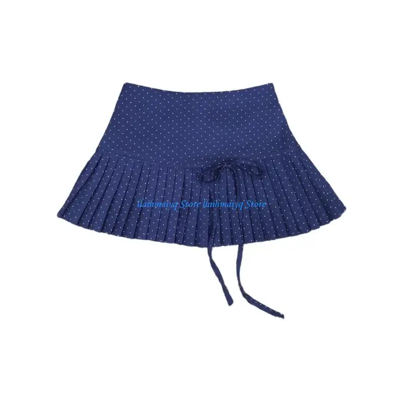 573B สตรีสูงเอวโรงเรียน Flared Casual Mini Skater กระโปรง Dot พิมพ์หวาน Bows สายจีบกระโปรงสั้น Undershort