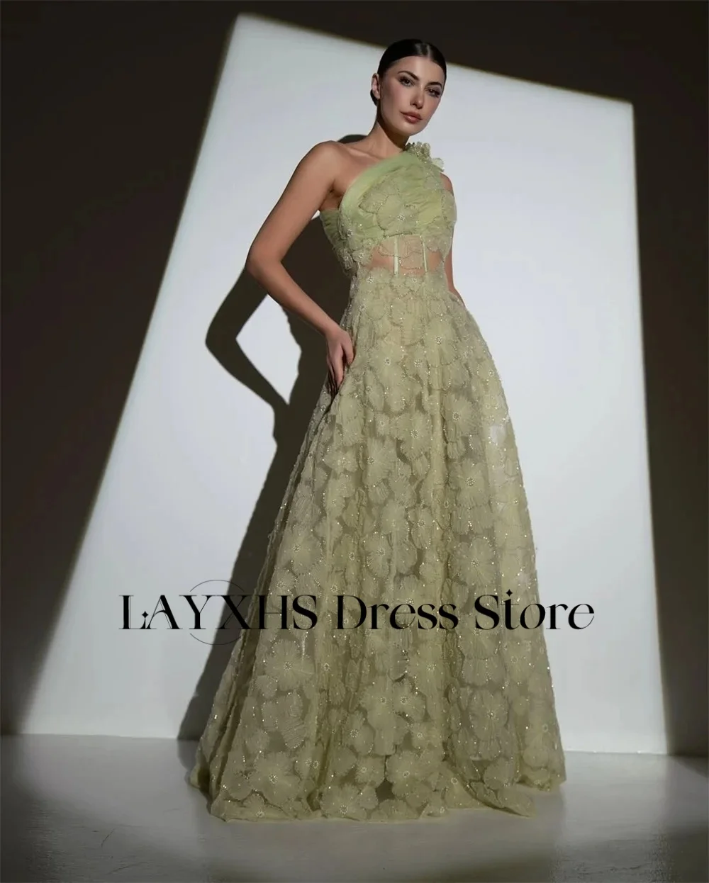 LAYXHS mode vert une épaule robes de soirée fleurs 3D a-ligne dentelle robes de bal personnalisé فستانmavera