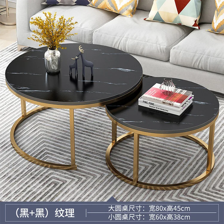 2PCS 2 in 1 Round Tea Table Living Room Coffee Tables Marble Texture Wooden Combination Furniture Durable Table 70+50CM 80+60CM