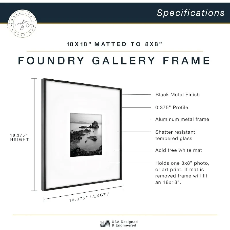 

Master & Co. Foundry Metal 18x18 Square Picture Frame, Display Pictures 8x8 With Mat Or 18x18 Without Mat, Wall Hanging Fram