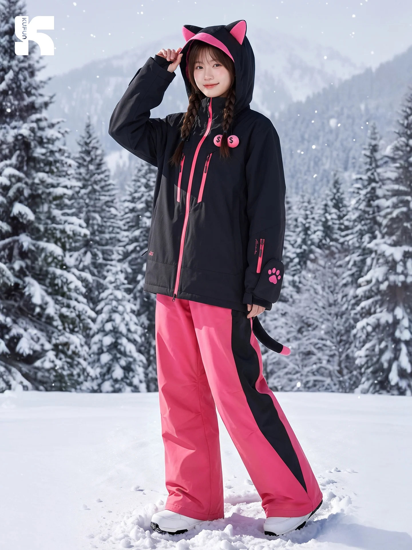 KUFUN Ski Wear Outfits Snowboard Waterproof Windproof Thick Snow Cat Jacket Top Pants Trousers Loose Casual Man Lady Teenager