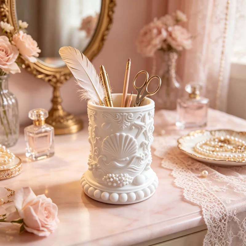 Classic Cylindrical Ocean-Themed Embossed Office Storage Container, Matte White with Smooth Texture, Finely Crafted Shell and Starfish 3D Sculpture, Beaded Base, Vintage French Nautical Aesthetic Design, Multifunctional Storage for Stationery, Scissors, Makeup Brushes, Suitable for Home, Office, Hotel, and Various Scenes, Tabletop Organizer, Elegant and Luxurious Desktop Decoration, Enhances the Aesthetics of the Space, Practical Gift for Office Workers, Teachers, Housewarming, and Business Occasions