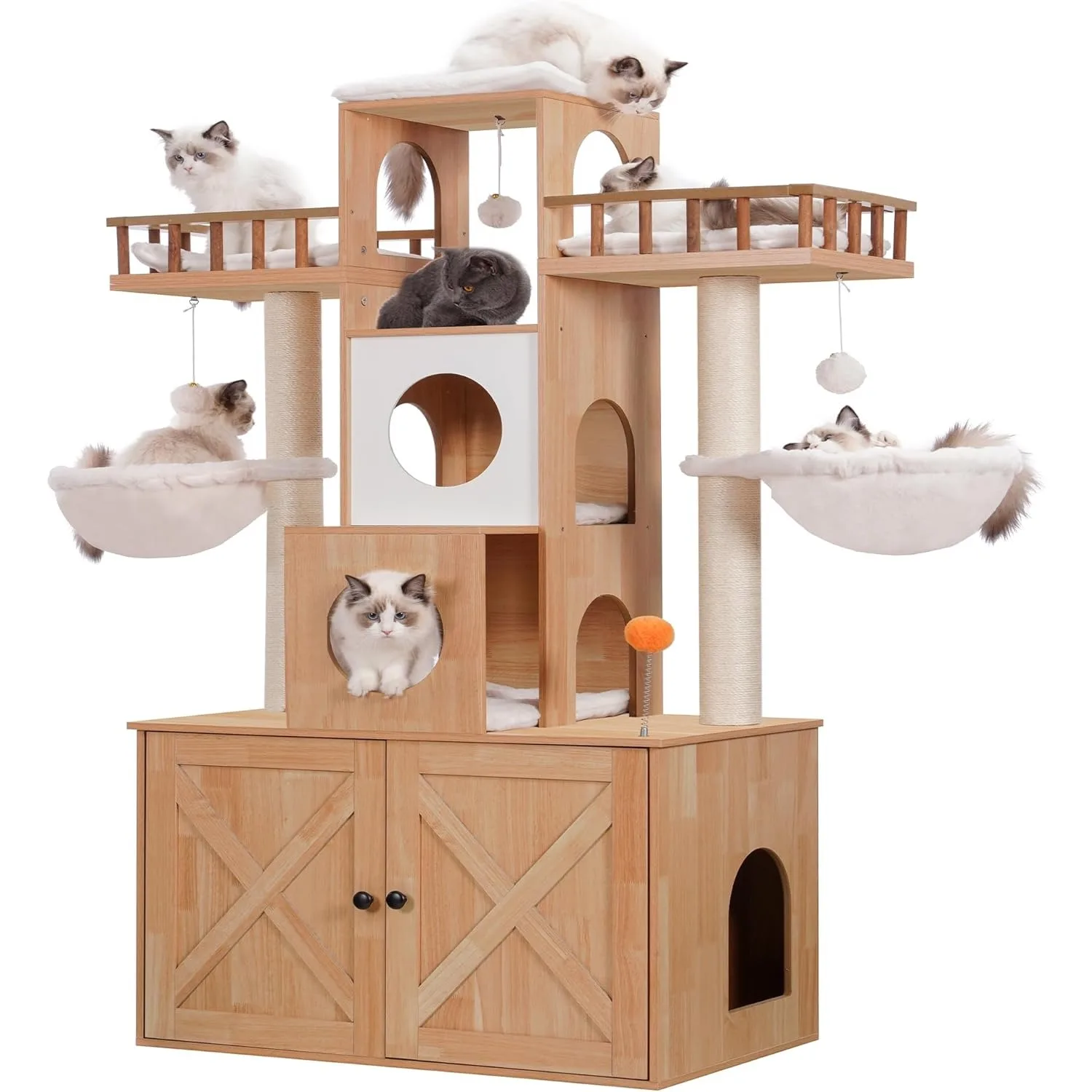 Cat Tree with Litter Box Enclosure for Indoor Big Cat, Modern Cat Condo Furniture with Scratching Posts, Walnut