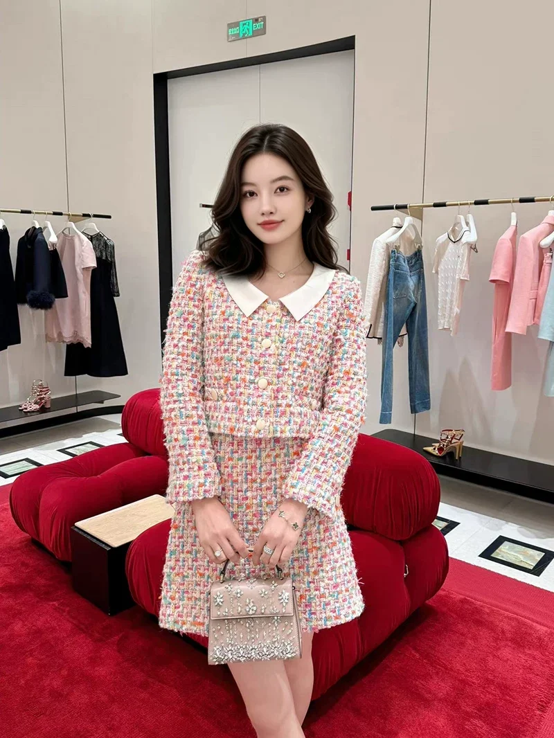 Multicolor Tweed Women Two Piece Set Contrast Collar Cropped Jacket Fashion Mini A‑Line Skirt Luxury Vintage Outfit