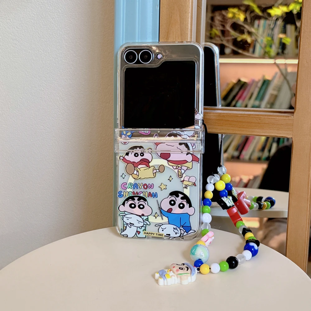 Cute Anime Crayon Shin-chan Magnetic Holder Magsafe Wireless Charge Phone Case For Samsung Galaxy Z Flip 8 7 6 5 Hard TPU Cover