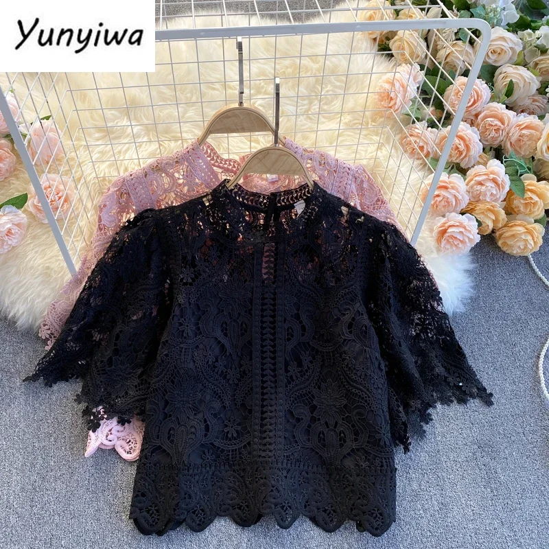 Korean Woman Clothes Blusas Mujer De Moda Fashion Shirts Hollow Out Floral Blouses Women Lace Laides Cropped Tops