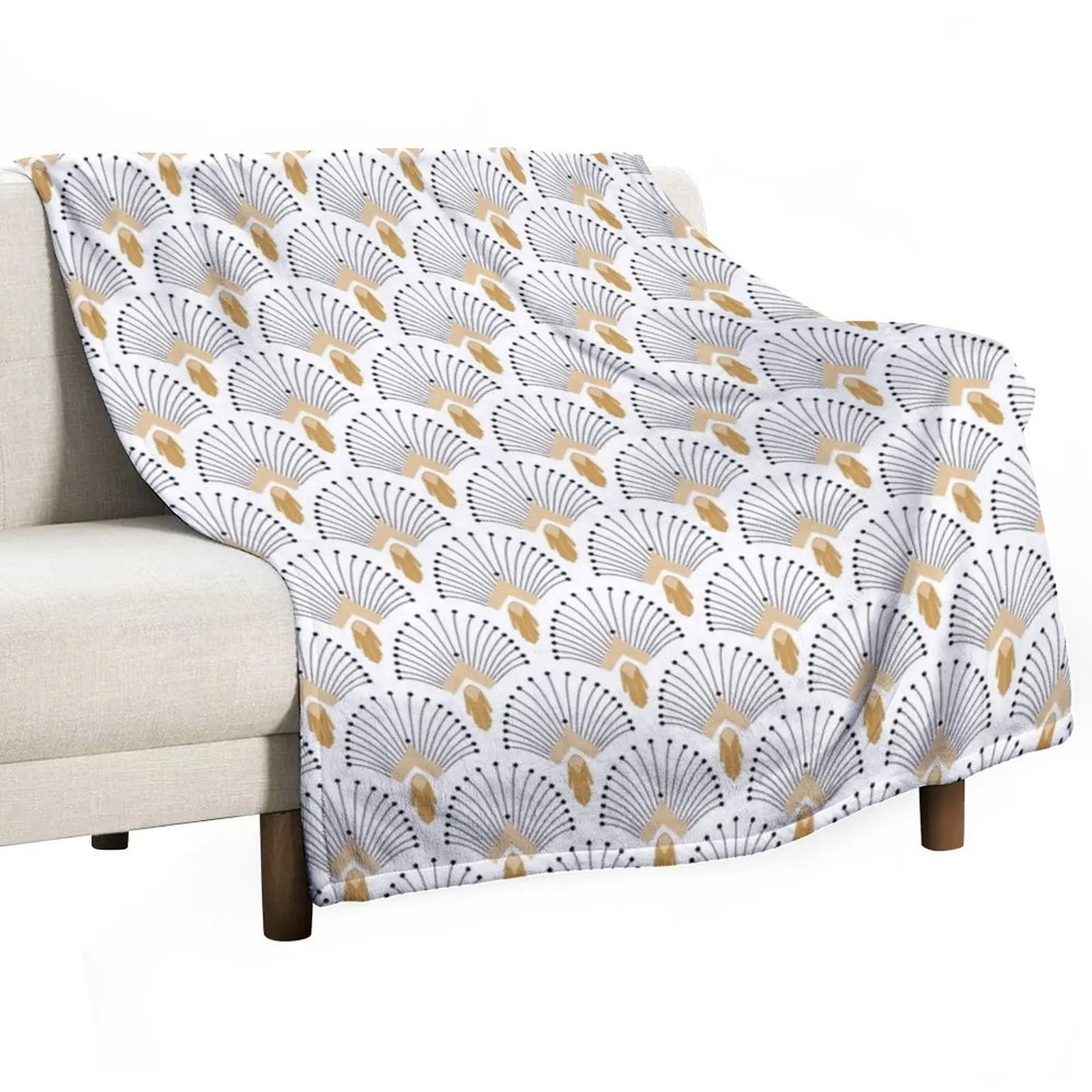 White, Gold and Black Art Deco Fan Flowers Motif Throw Blanket Single Giant Sofa Plaid on the sofa Nap Blankets