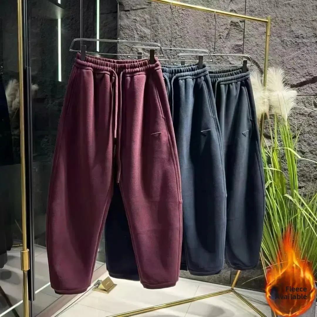 

Men's Casual Pants Autumn Winter Fleece Heavyweight Patchwork Embroidery Loose Straight Leg Brushed Long Trousers