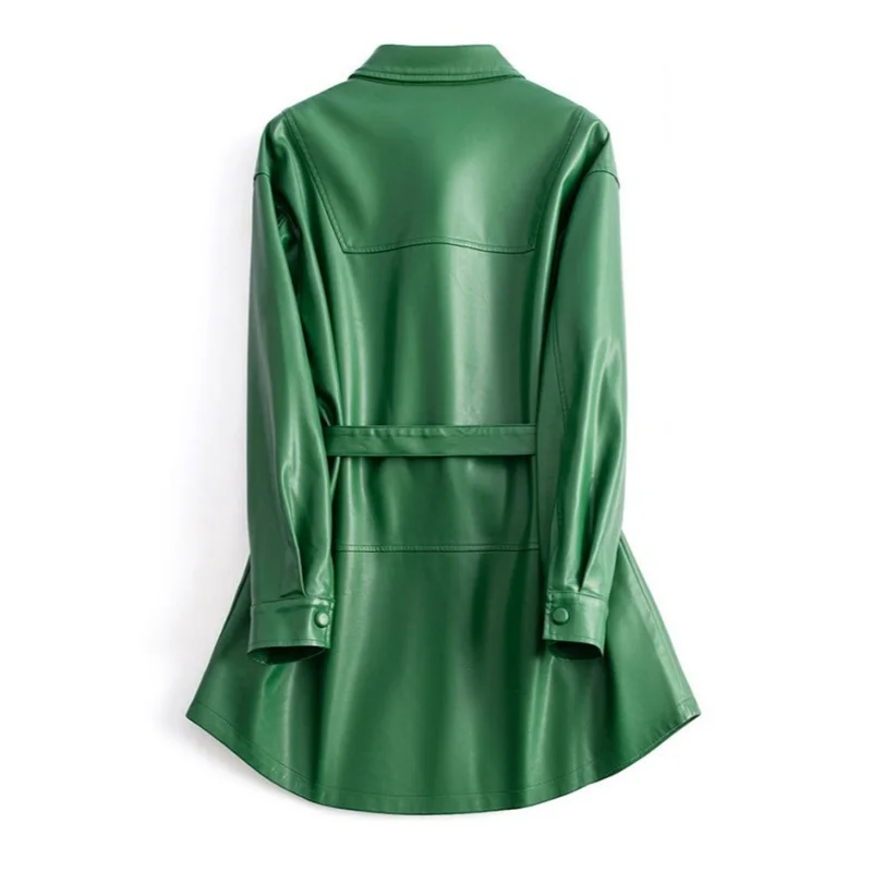 2025 Vintage Black Women's Leather Trench Coat Spring Autumn Single-breasted Sashes Windbreaker Lady Loose PU Leather Outerwear