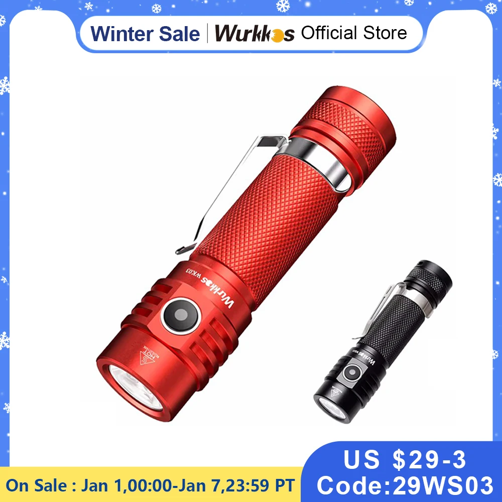 Wurkkos WK03 LED Flashlight 18650 Torch 1800LM ATR Luminus SST40 Rechargeable USB C Light IP68 Waterproof for Hiking Camping