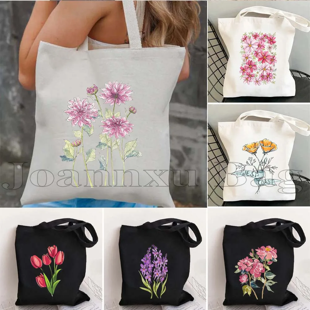 

Hydrangea Lavender Lilac Dahlias Marigold Pansy Cosmos Daisies Tote Bag Tulips Lisianthus Aster Flower Bouquet Canvas Handbag