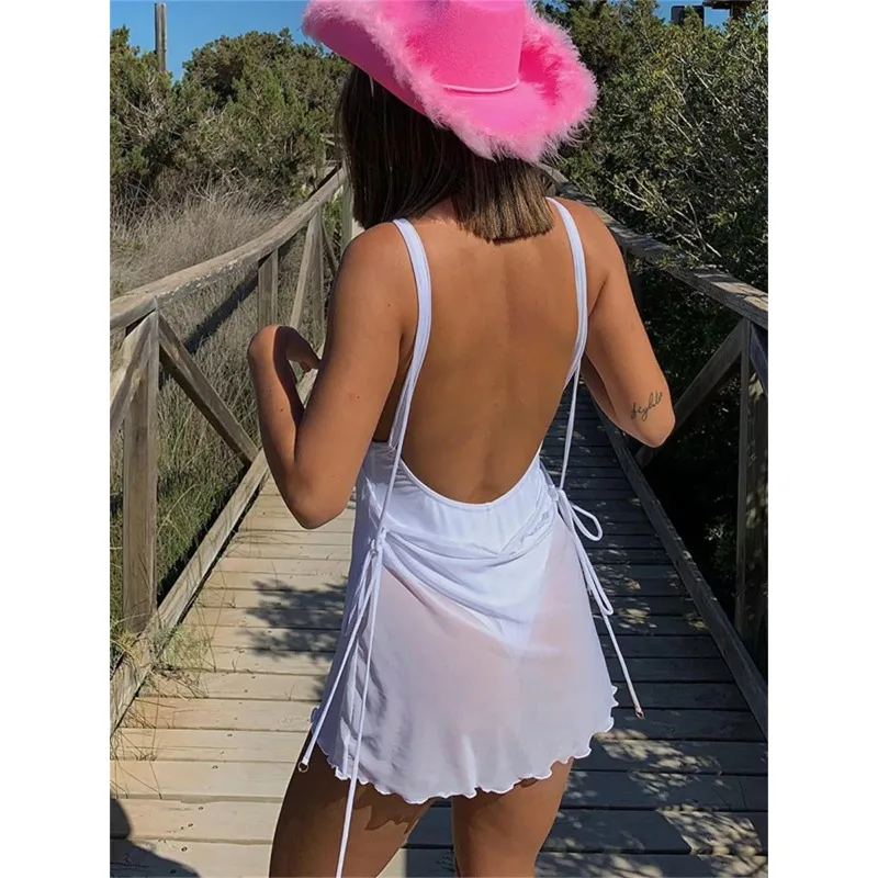 

Sexy Backless Suspender Mini Beach Dress Summer Women Swimsuit Cover-ups See-through Sleeveless Halter Tie Up Dresses