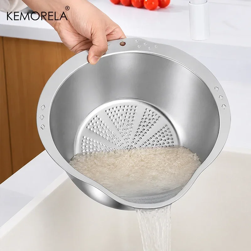 New Rice Washer Strainer Bowl Stainless Steel Rice Washing Bowl Rice Sieve Colander Fruit And Vegetable Strainer Kitchen Tools