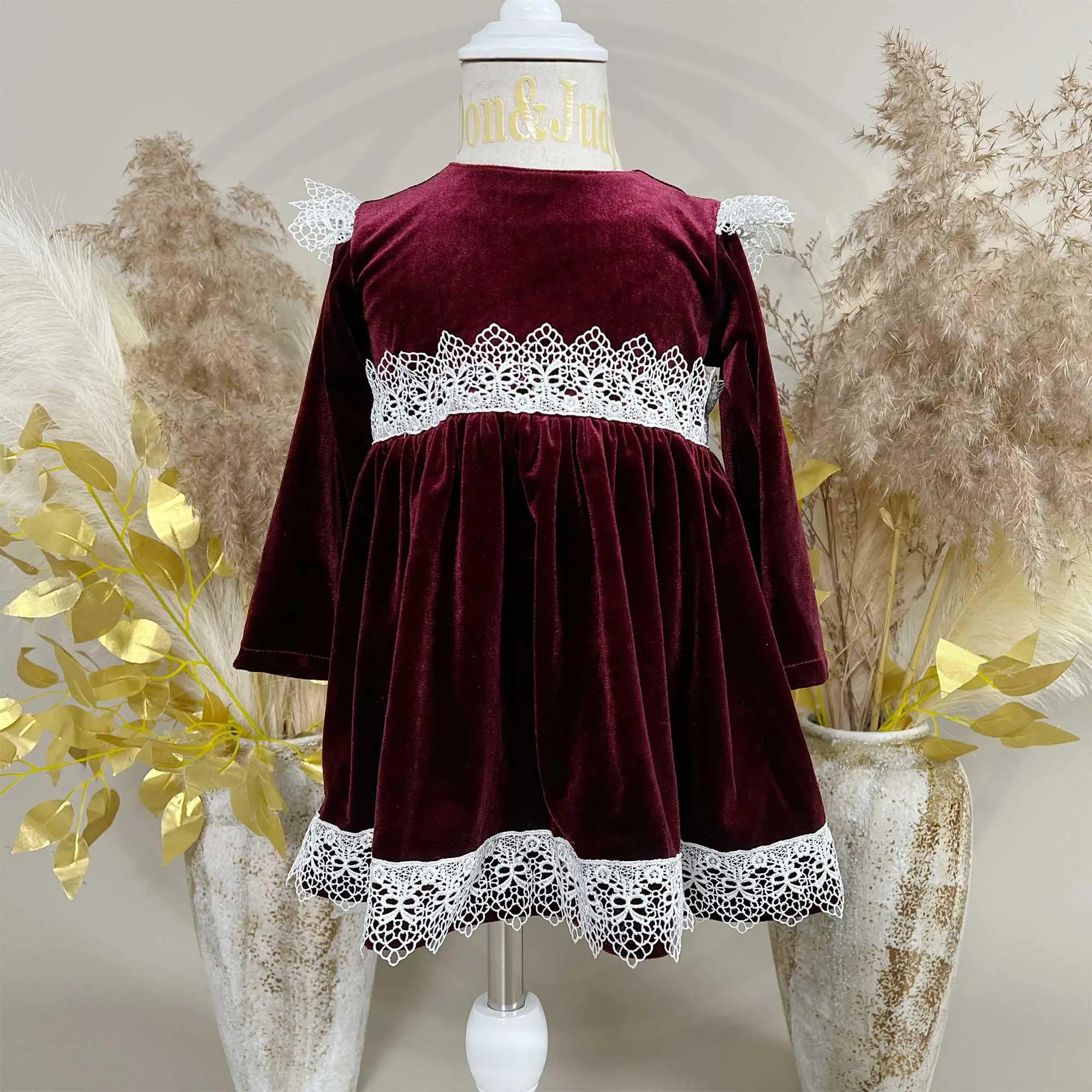 Don&Judy Baby Girl Dress Lace Trim Skirt Long Sleeves Korean Fleece Dress For Autumn Baby Birthday Gift Cloth For Photography