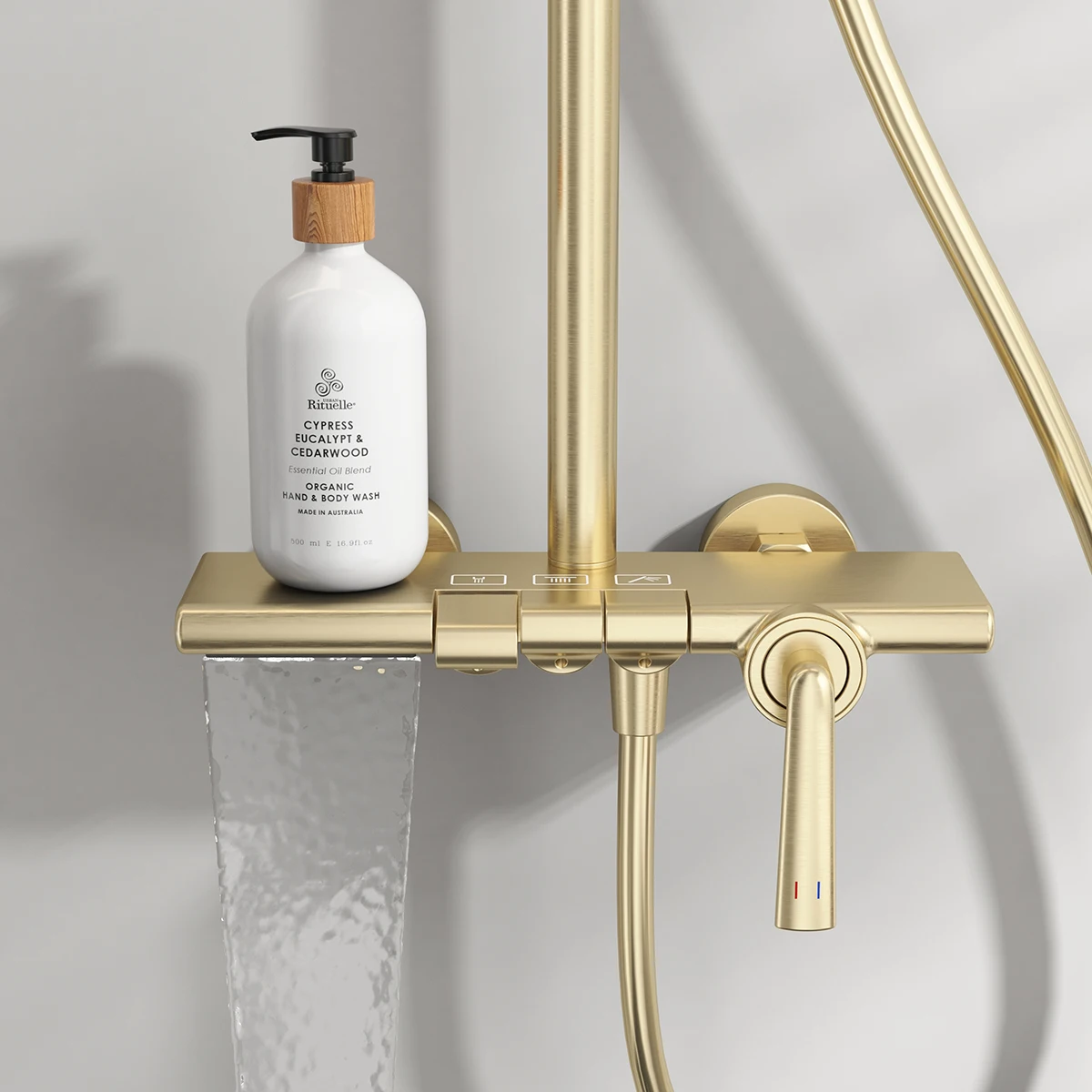 Brushed Gold Waterfall Bathroom Shower System Faucet 12 Inch Rainfall Shower Head Brass Hot Cold Piano Bathroom Shower Set