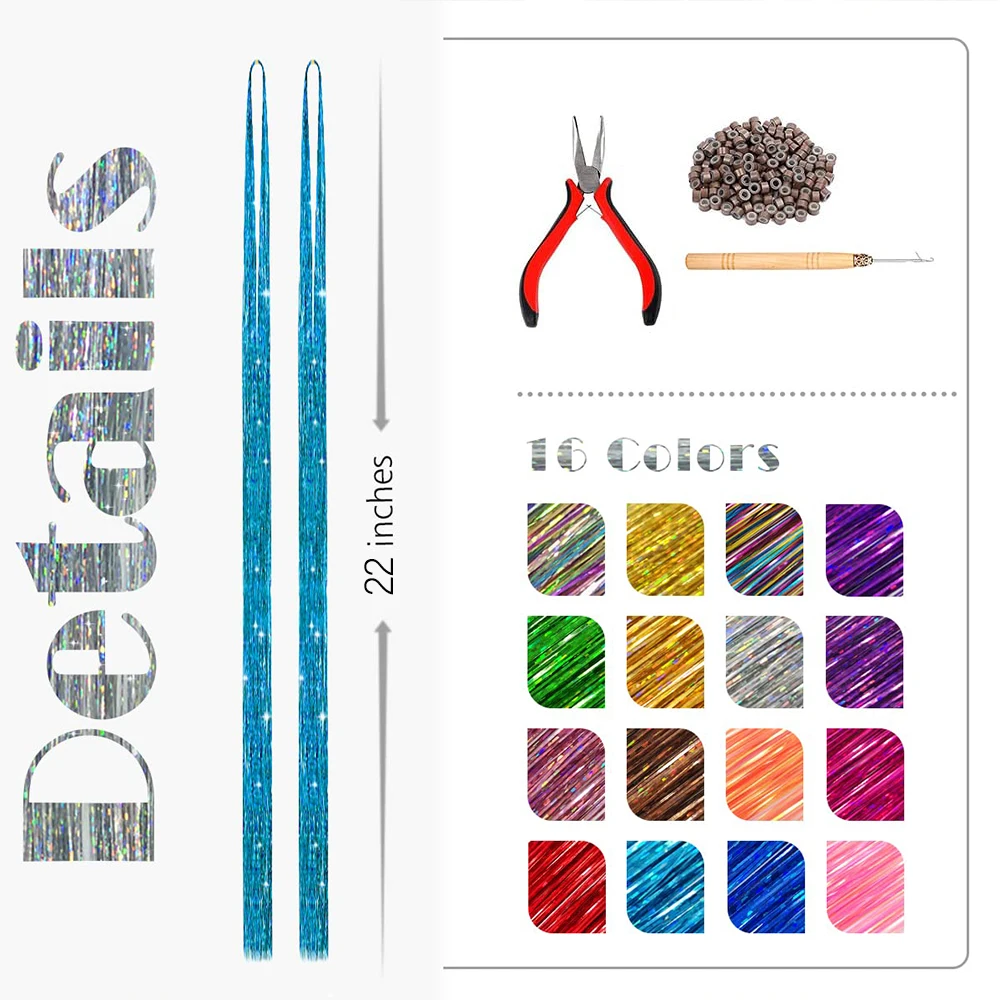 여성용 반짝이는 실 글리터 헤어 틴셀 키트, 골드 실크 헤어 글리터 스트링 연장 액세서리, 머리 장식 120 가닥/팩
