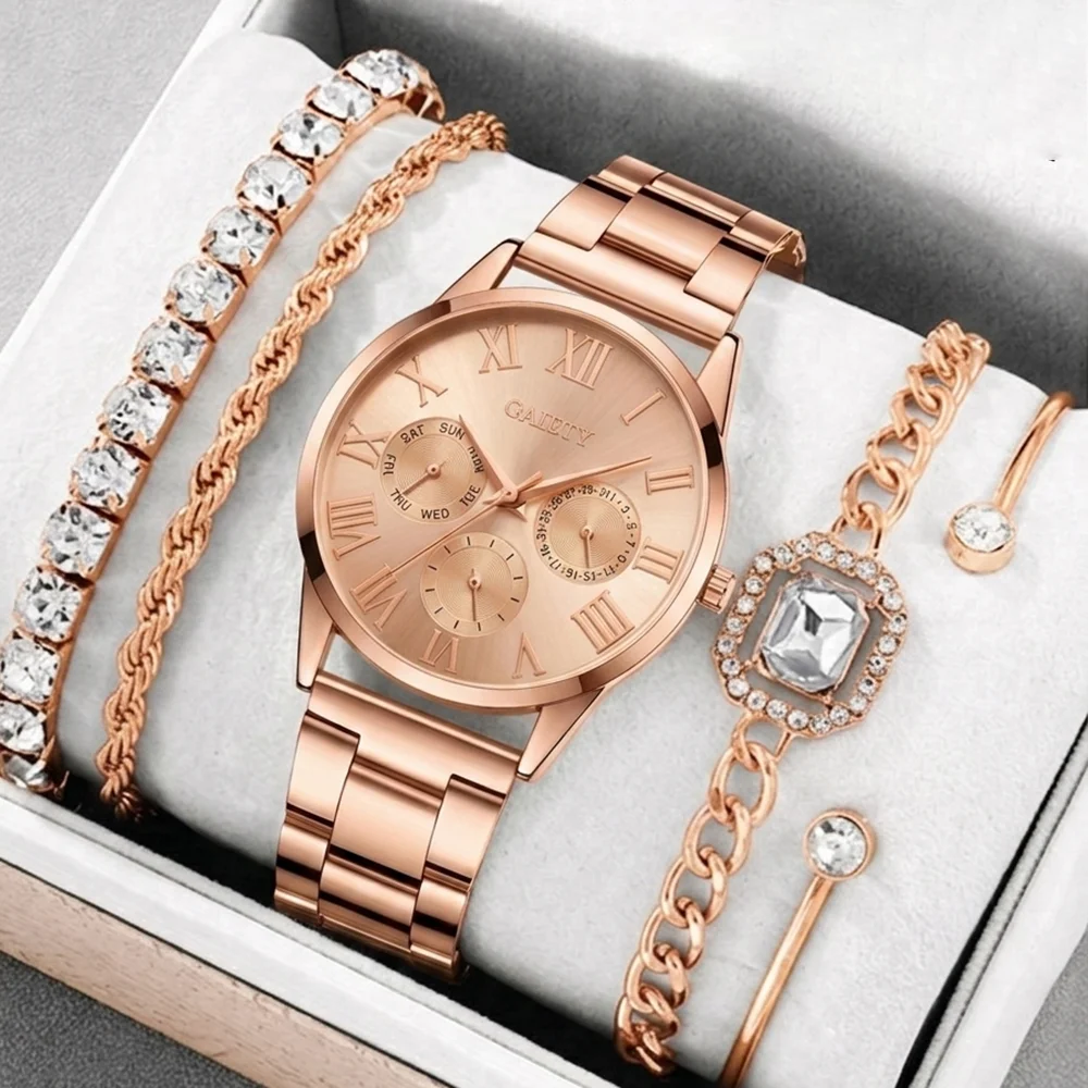 5Pcs/Set Unisex Jewelry Watches Women's Wristwatch Accessories Rose Gold Fashionable Elegant Trendy Classic Exquisite Luxury Roman Numeral Dial Round Dial Quartz Watch Y2K Party Gathering Daily Wear Birthday Holiday Gift Travel Vacation