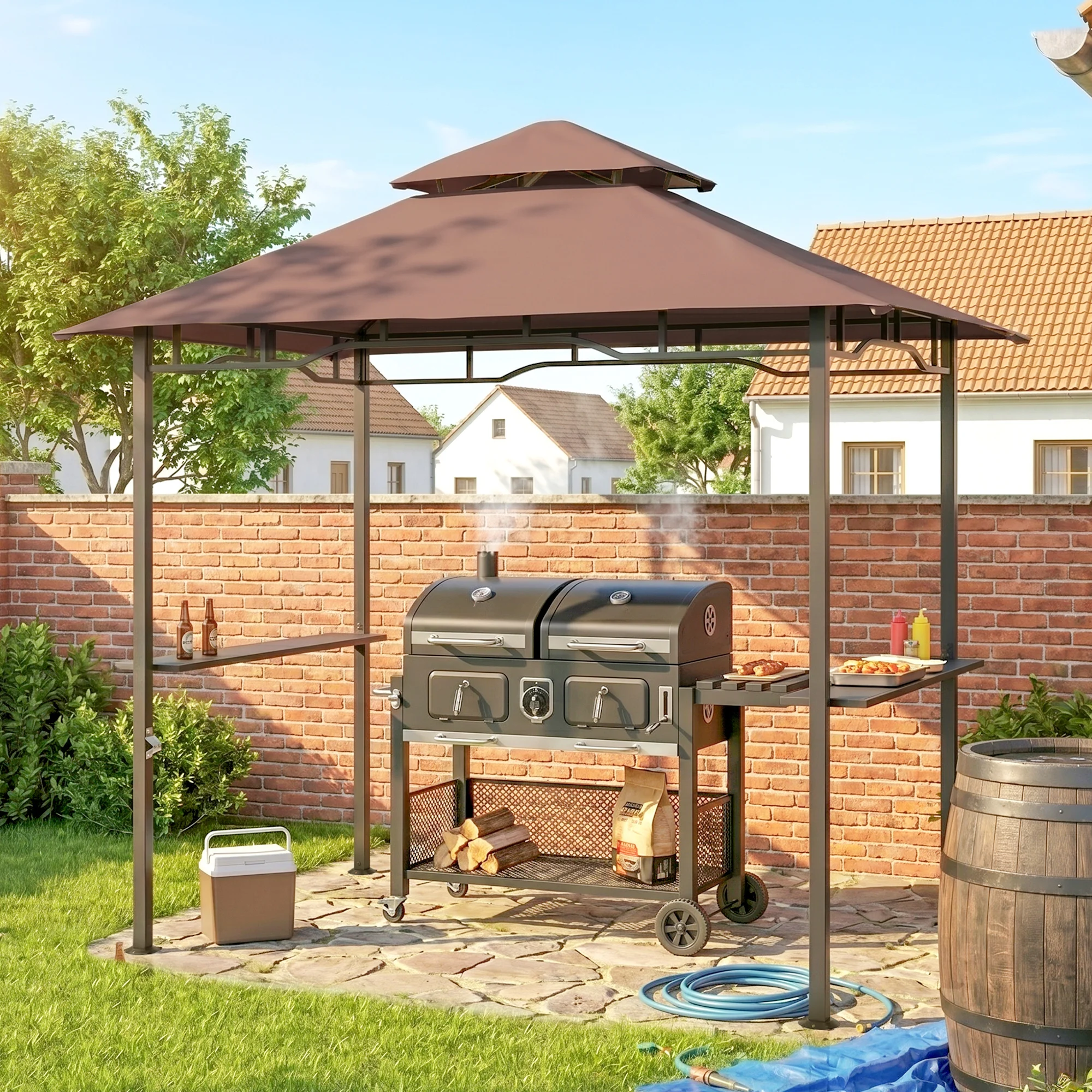 8' x 5' Grill Gazebo with Double Roof BBQ Gazebo, Coffee