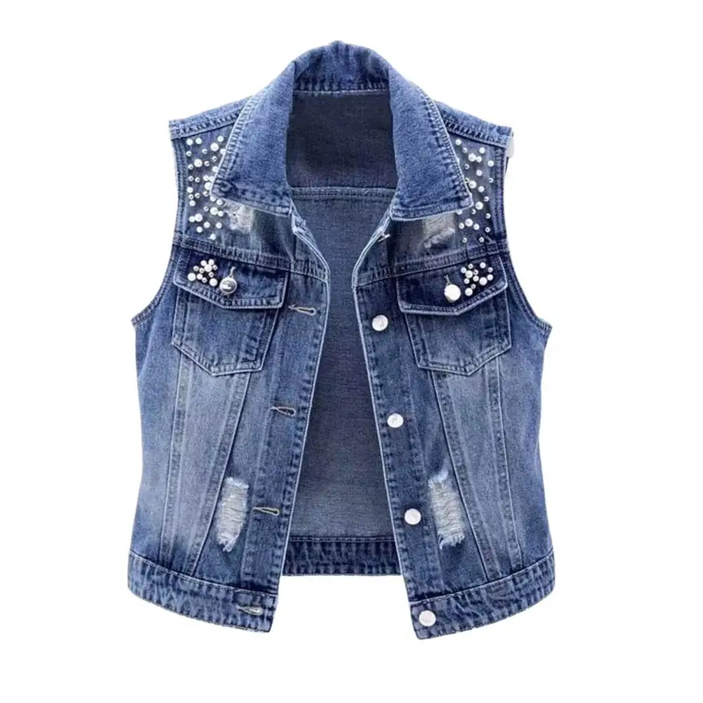 2024 Student Vest Slim Short Jacket Embroidery Flowers Sleeveless Denim Vest Women's Beaded Waistcoat Hole Jeans Vest Coat Girl