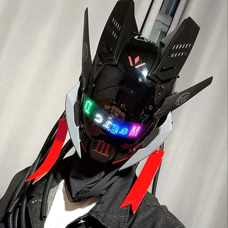 Cyber Punk Mask Halloween Cosplay Sci-Fi Mech Samurai Mask Costumes Helmet With LED Screen Carnival Party Bar Coser Props Gift