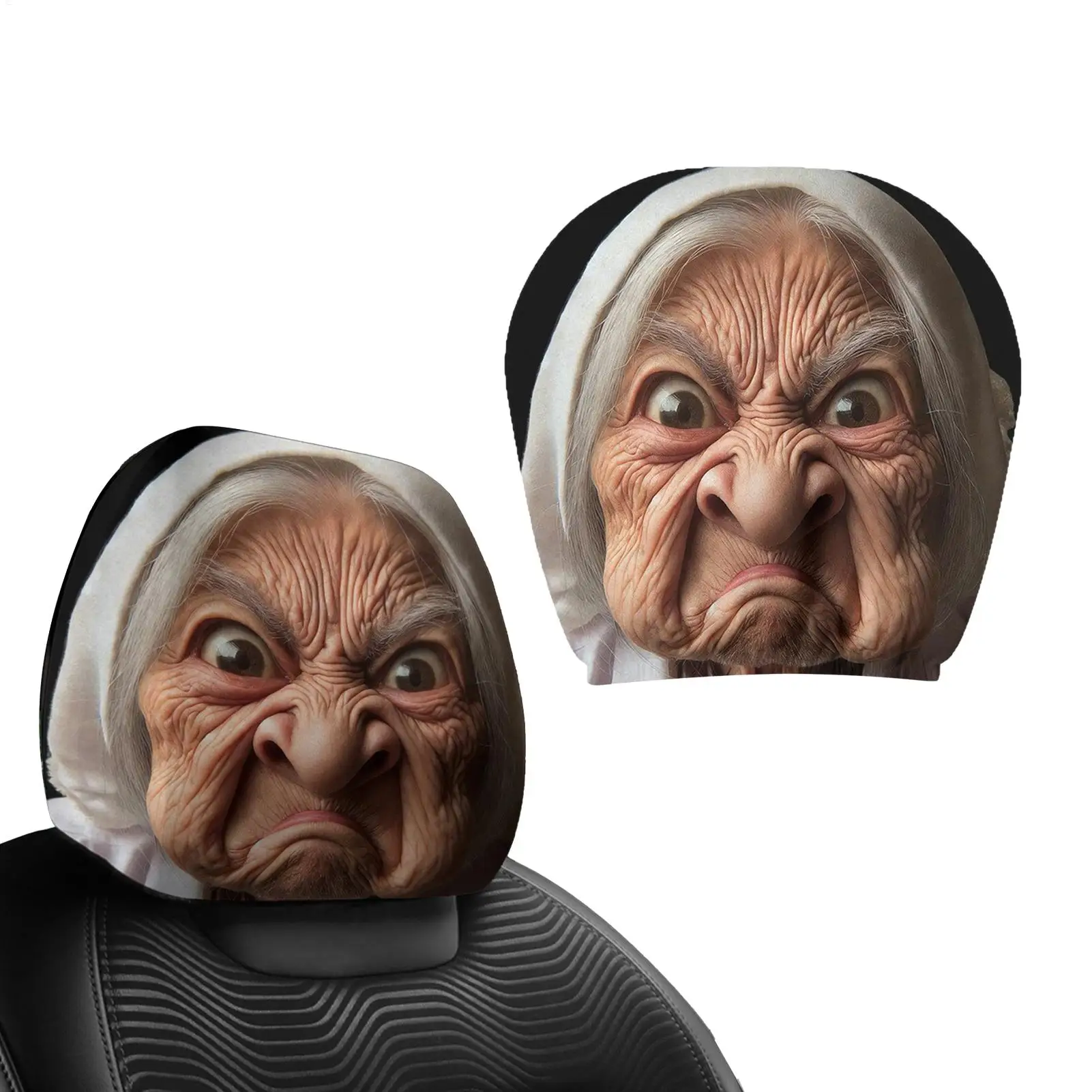 Universal Funny Old Lady Face Printed Car Headrest Cover 2Pcs Elastic Washable Head Protector Decor For Car Interior Automotive
