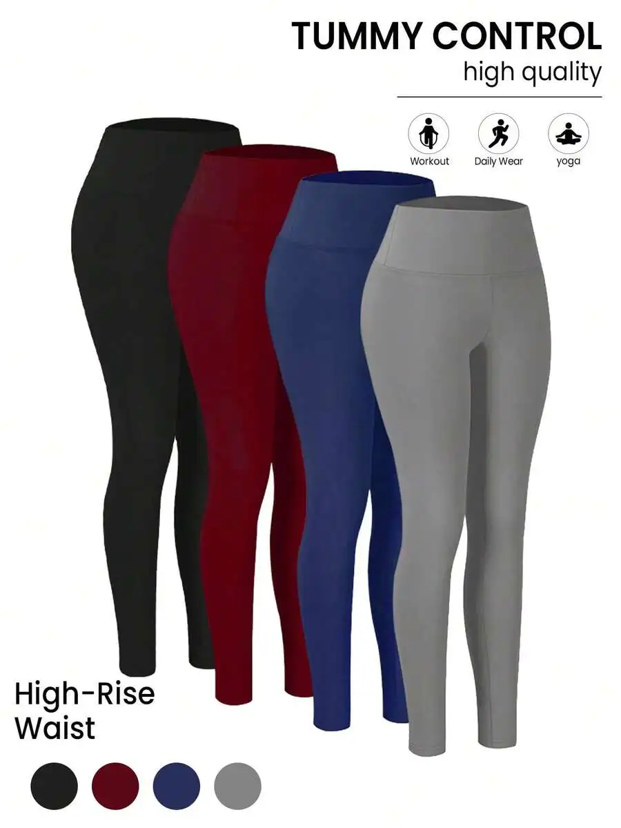 

4 Pairs Women High Waist Leggings Tummy Control Stretchy Opaque Solid Color