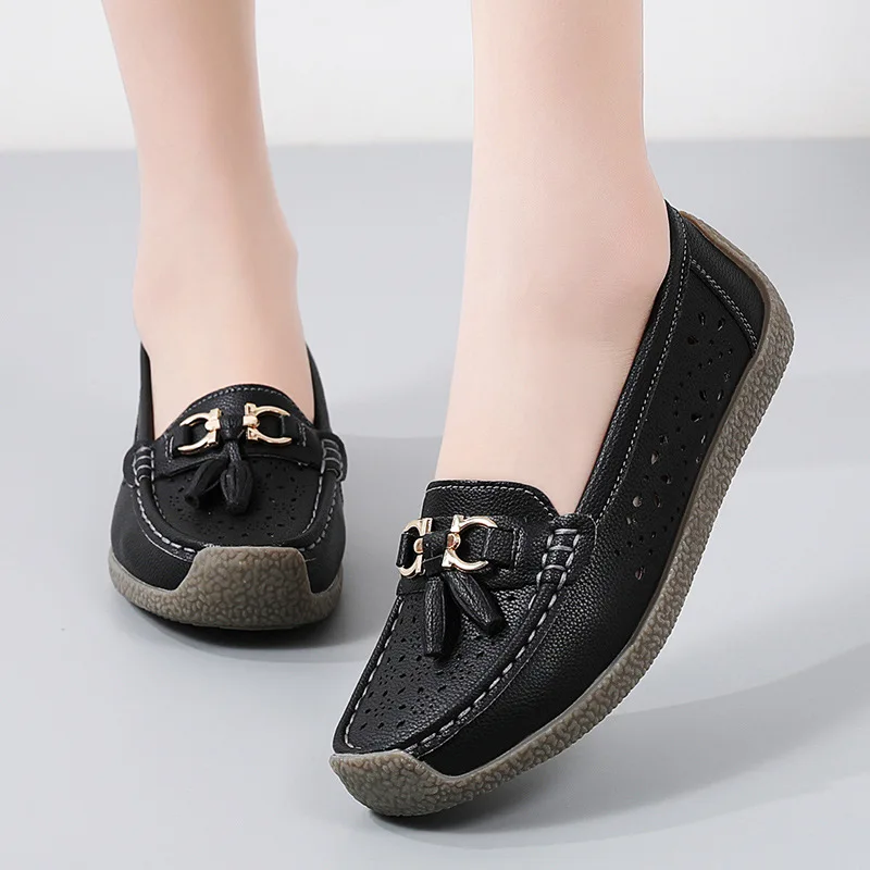 New Women Flats Shoes Genuine Leather Shoes Ballet Flats Ballerines Flats Walking Hollow Out Breathable Women\'s Moccasins