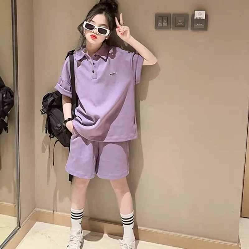 

Children Set 2025 Summer Girls Clothes Sport Tracksuit Teenager polo cotton T-shirt top + shorts hot pant 4 5 8 9 10 11 12 years