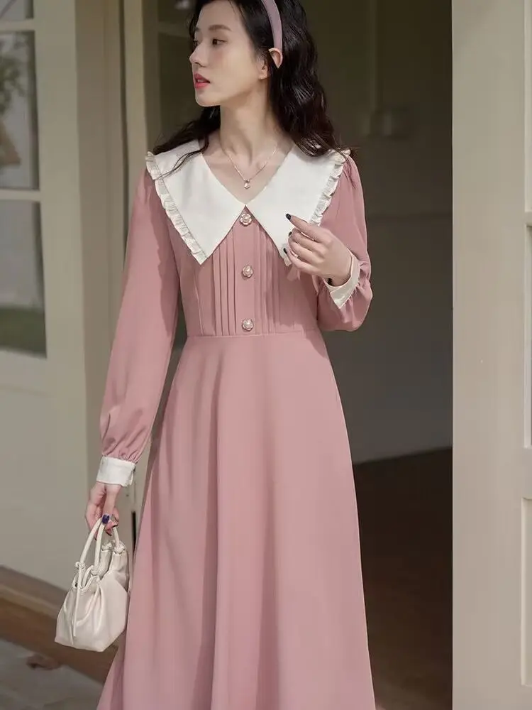 

French Vintage Elegant Peter Pan Collar Pink Long Dress Women Spring Autumn Fashion Sweet design Ladies Loose Casual Midi Dress