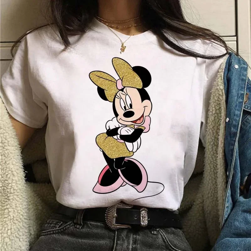 Damskie koszulki Cute Minnie z różową kokardką Damskie koszulki z nadrukiem z kreskówek Damskie koszulki Streetwear Odzież damska Top Y2K