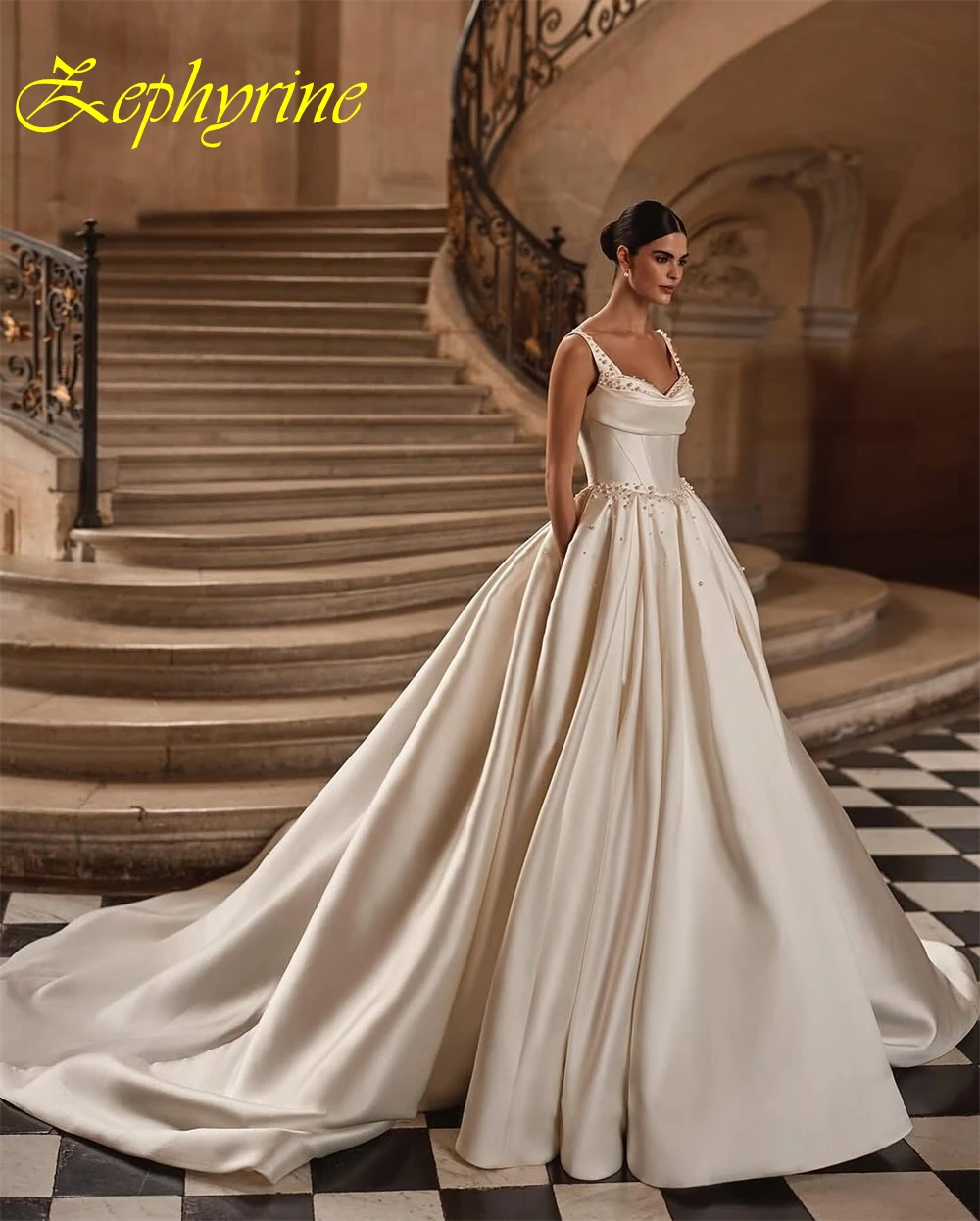 

Customized Elegant Spaghetti Straps Evening Dress and Exquisite Satin Special Occasion Gowns and Delicate Pearls Wedding Dresses