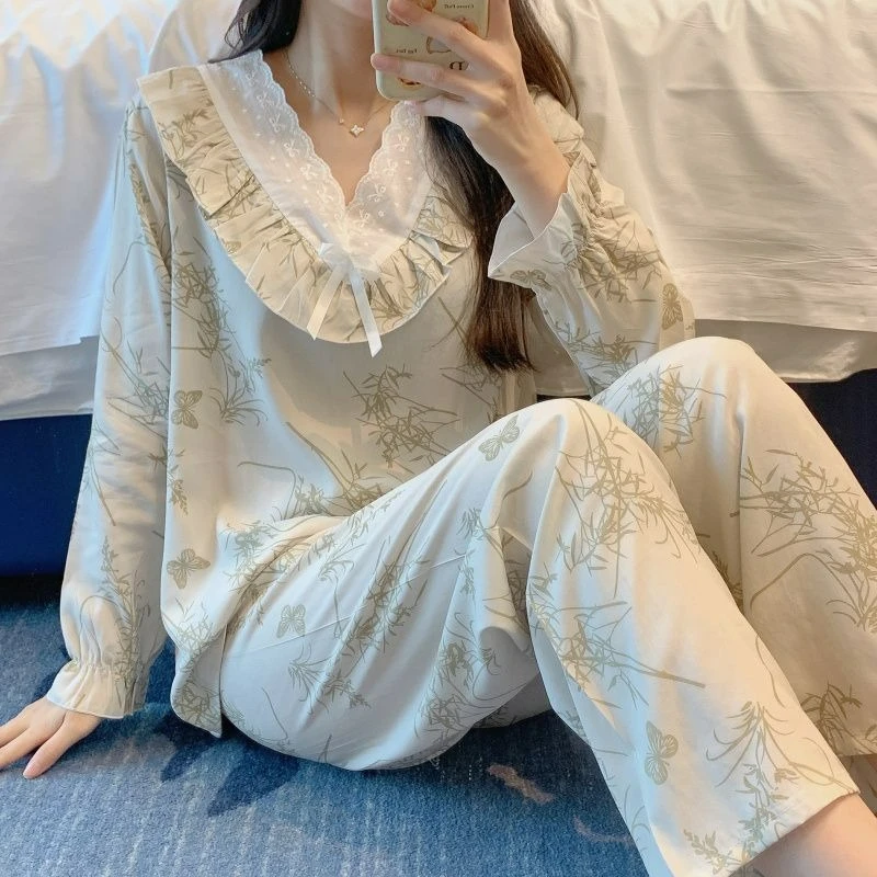Pure Cotton Silk Pajamas Women's Spring Autumn Long-sleeved Suit Lace Sexy National Style New Models Can Be Worn Loungewear