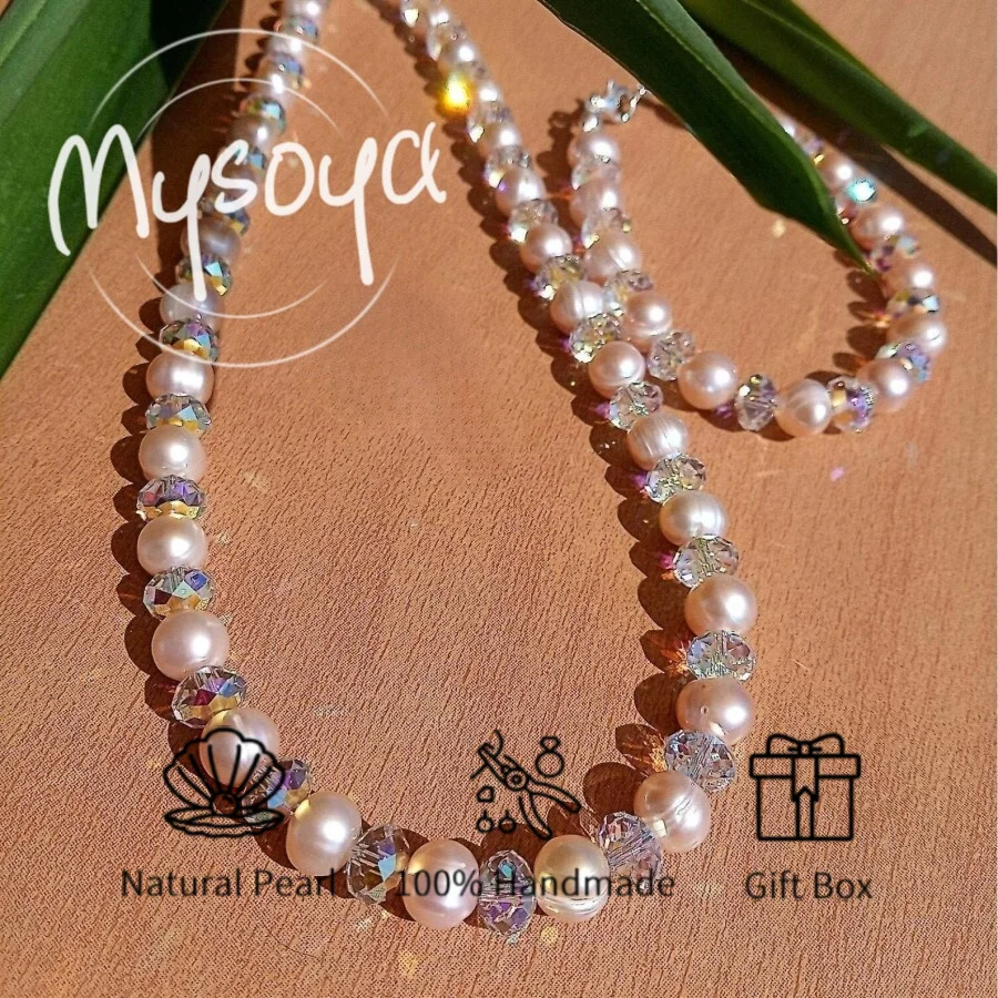 

MYSOYA Natural Pink Freshwater Pearl Necklace Bracelet 8-9mm With Gift Box For Her Birthday Wedding Anniversary Jewelry