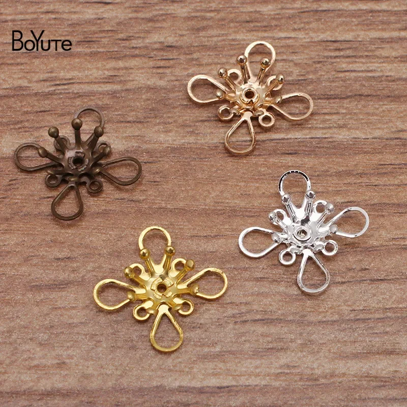 BoYuTe-Capuchons de perles de fleurs en laiton à deux couches, accessoires de bijoux à bricoler soi-même, matériaux faits à la main, 14mm, 100 pièces par lot